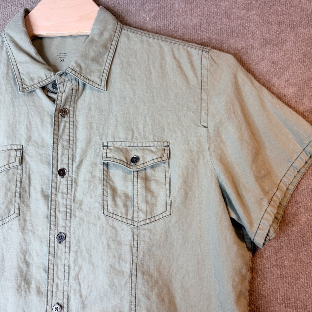 Calvin Klein 100% Linen Short Sleeve Shirt Military Green Mens XL RN 36543